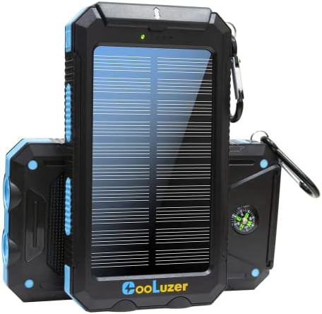 Blue solar power bank with camping flashlight