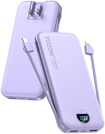 Purple portable charger with built-in cables