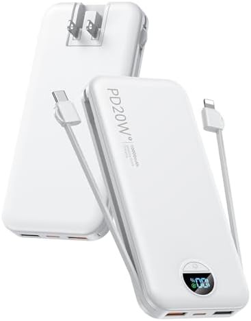 White 10000mAh charger with integrated cables