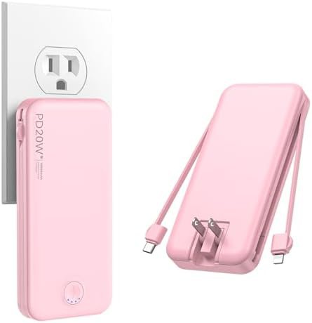 Pink travel power bank with wall plug