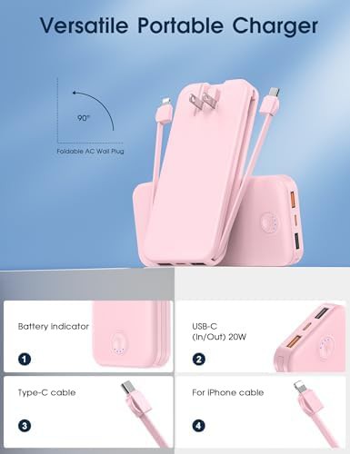 Pink travel power bank with wall plug — photo 3