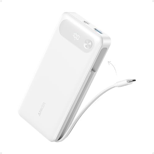 White travel power bank with integrated cable