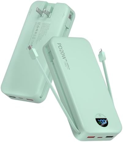 Green 20000mAh power bank with wall plug
