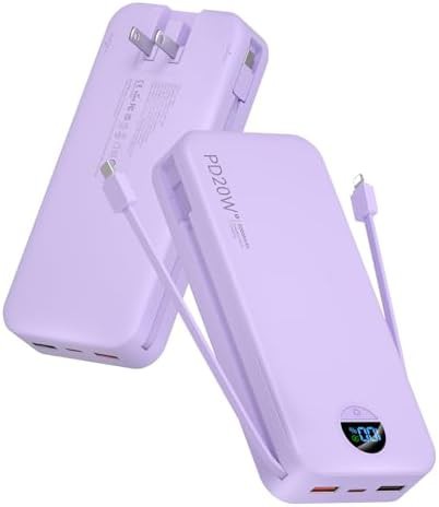 Purple travel power bank with integrated cables