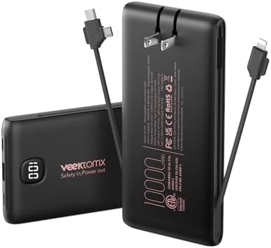 Slim black power bank with built in cables