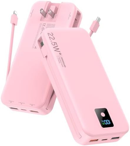 Pink 20000mAh power bank with cable