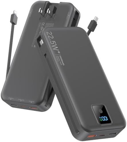 Black 20000mAh charger with built-in cable