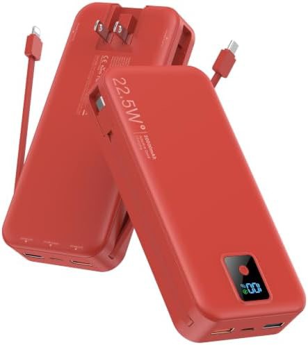 Red 20000mAh charger with built-in cable