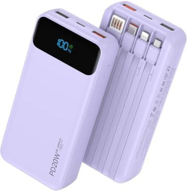 Purple power bank with four cables