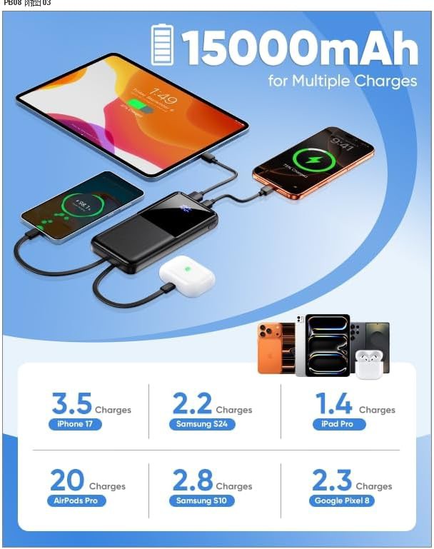 Slim 15000mAh power bank with integrated cables — photo 4