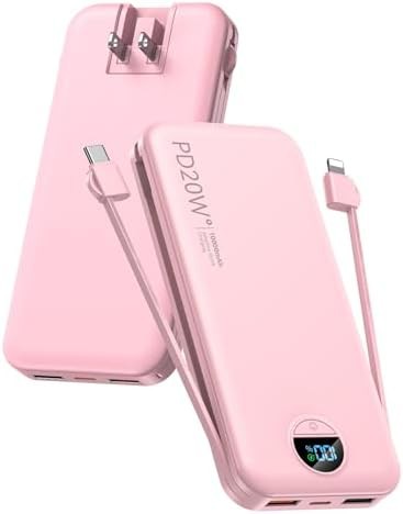 Pink 10000mAh fast charger with built-in cables
