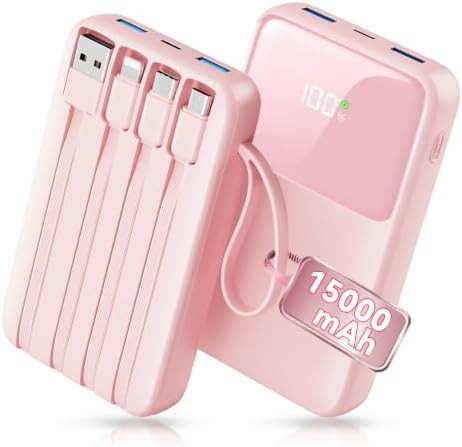 Pink travel charger with integrated cables