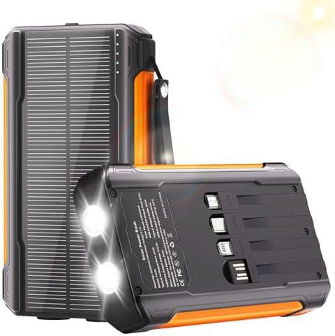 Orange solar power bank with integrated cables