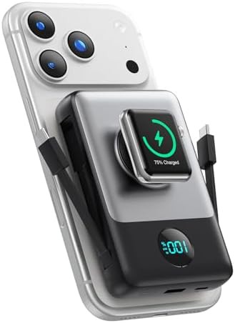 Black magnetic power bank with integrated cables