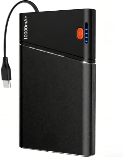 Black slim travel power bank with cable