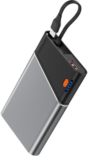 Grey slim power bank with built-in cable