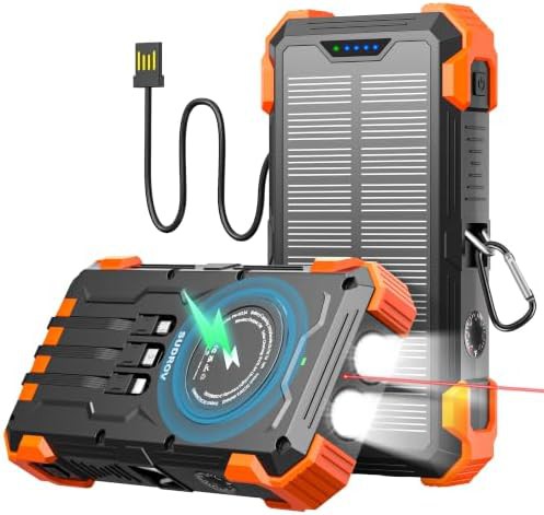 Solar power bank with four built-in cables